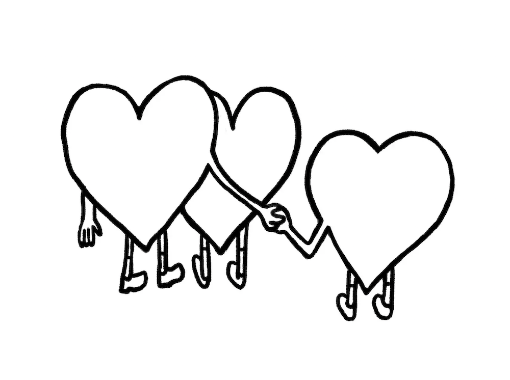 dessin de trois coeur, deux coeurs se tiennent la main discretement derrière l'autre coeur